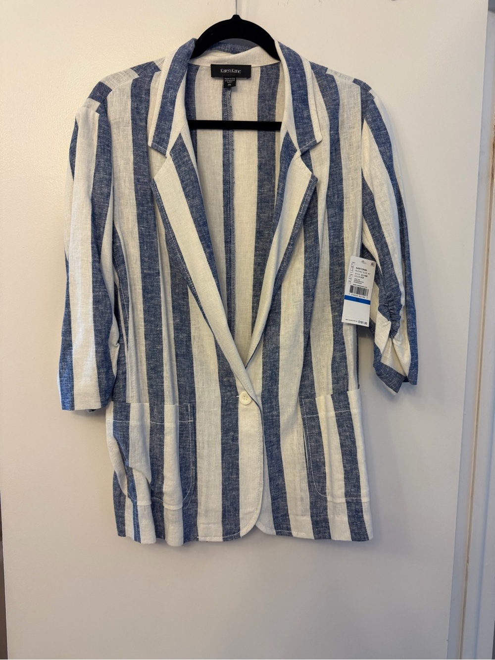 Karen Kane Blue and White Striped Linen Blazer